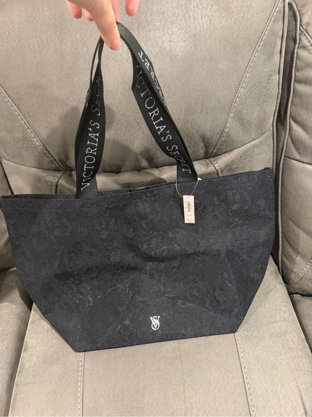 Victoria's Secret Black Lace-Pattern Tote with Branded Straps